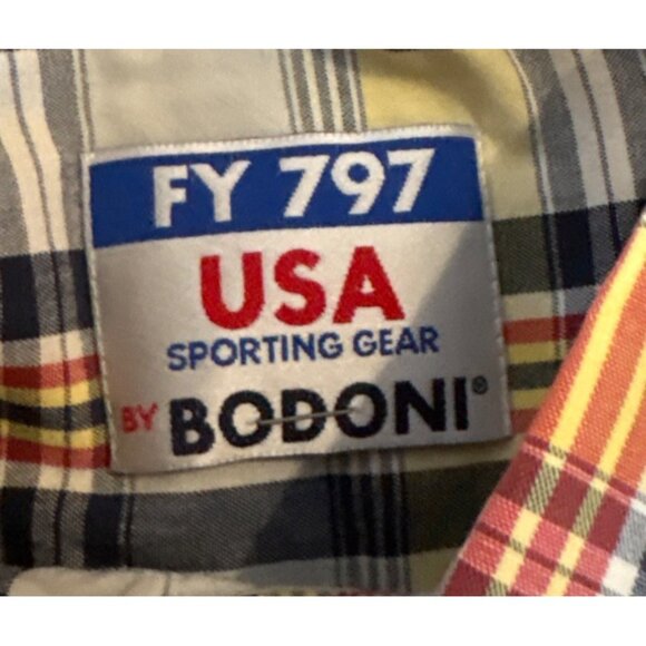 Bodoni USA Sporting Gear Plaid Shirt Mens Short Sleeve FY797 Size XL Yellow Navy - Picture 5 of 8